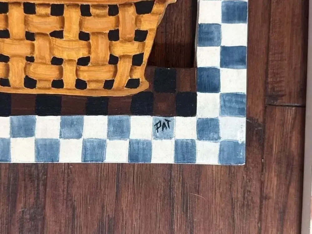 Pat Isaac Vintage Wood Cutout Wall Art Set Cat & Dog in Baskets Checked Borders